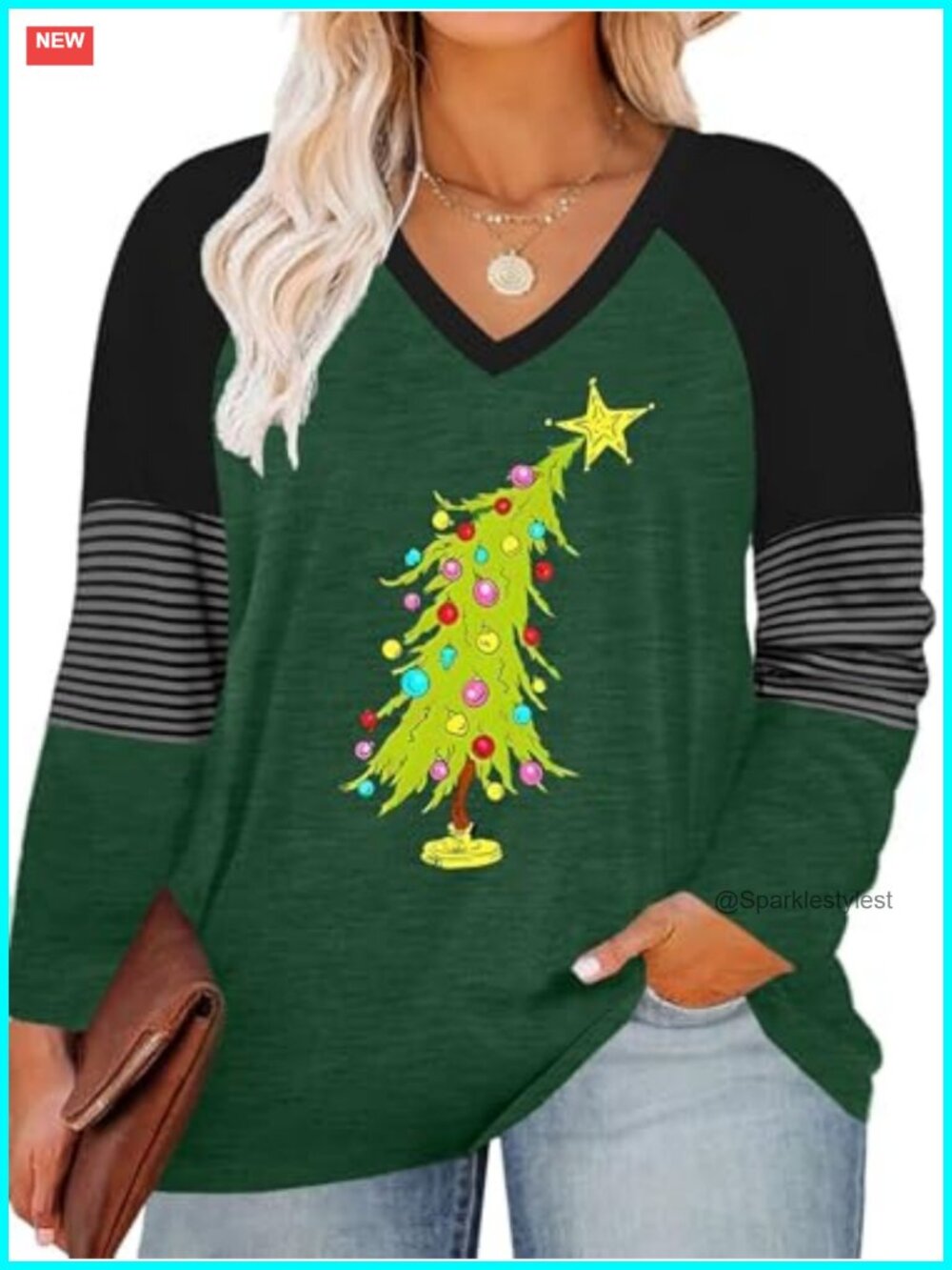 Plus Size Merry Xmas Tree T-Shirt Long Sleeve Plaid Splicing Holiday Top